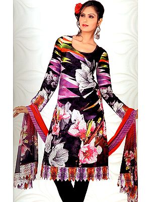 Midnight-Black Chudidar Kameez Suit with Large Printed Flowers,Crochet Border and Mokaish Work