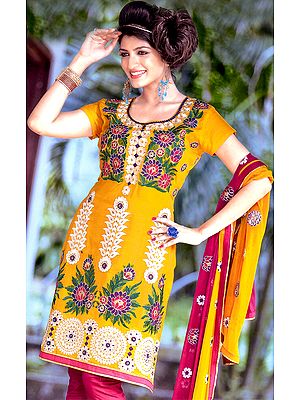 Citrus-Yellow Choodidaar Kameez Suit with Crewel Embroidered Flowers and Gota Border