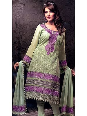 Mint-Green Designer Choodidaar Kameez Suit with Self-Colored Embroidery All-Over and Crochet Border