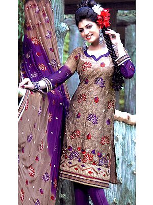 Timber Wolf-Gray Choodidaar Kameez Suit with Metallic Thread Embroidered Flowers and Patch Border