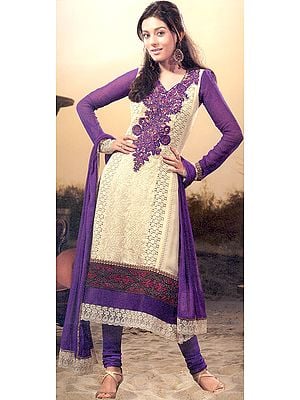 Ivory and Purple Choodidaar Kameez Suit with Self-Colored Chikan Embroidery and Crochet Border