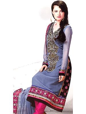 Gray Chudidar Suit with Metallic Thread Embroidery on Neck and Patch Border