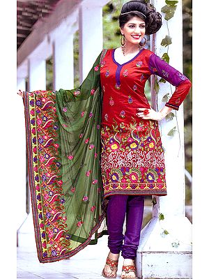 True-Red Choodidaar Kameez Suit with Crewel Embroidered Flowers and Gota Border