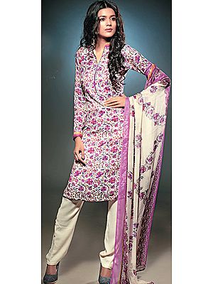 Ivory Choodidaar Kameez Suit with Floral Kani Print