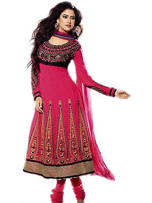Dubarry-Pink and Black Anarkali Suit with Metallic Thread Embroidered Sequins and Patch Border