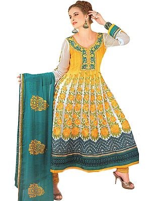 Citrus-Yellow Shaded Anarkali Salwar suit with Metallic Thread Embroidered Flowers and Gota Patch