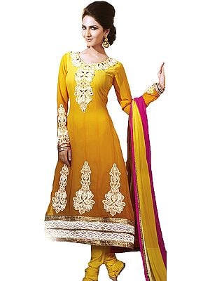 Anarkali Kameez Suit with Giant Embroidered Paisleys and Crochet Border