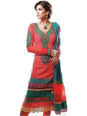 Hot Coral Chudidar Kameez Suit with Self-Colored Embroidery and Crochet Border