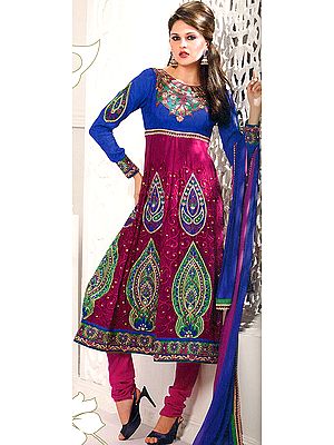 Magenta and Blue Choodidaar Kameez Suit with Metallic Thread Embroidery and Patch Border