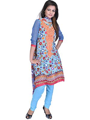 River-Blue Chudidar Kameez Suit with Geometric Print All-Over