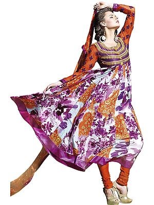 Anarkali Kameez Suit with Printed Flowers and Satin Patch Border