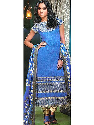 Star Sapphire-Blue Choodidaar Kameez Suit with Embroidered Leaves