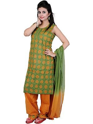 Turf-Green and Mustard Salwar Kameez with Embroidered Flowers and Sequins