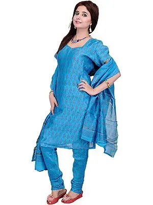 Azure-Blue Chanderi Chudidar Salwar Suit with Block-Printed Flowers