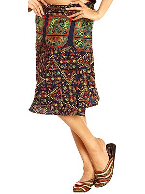 Skipper-Blue Sanganeri Wrap-Around Mini-Skirt with Printed Motifs