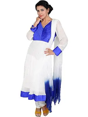 Chic-White and Blue Chudidar Kameez Suit with Beadwork