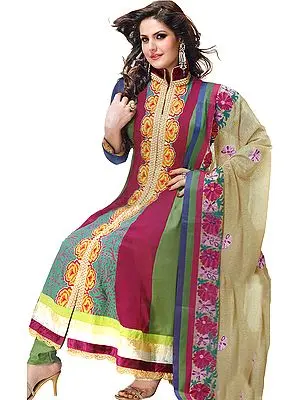 Fuchsia and Green Anarkali Chudidar Kameez Suit with Embroidered Flowers