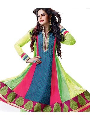 Tri-Color Anarkali Chudidar Kameez Suit with Woven Bootis and Patch Border