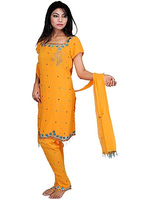 Blazing-Orange Choodidaar Kameez Suit with Embroidered Beads All-Over