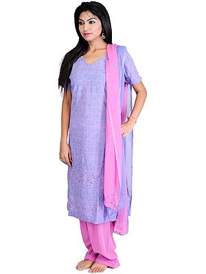 Jacaranda-Blue Salwar Kameez Suit with Lukhnavi Chikan Embroidery and Sequins
