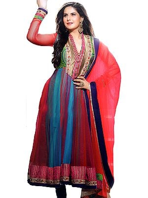 River-Blue and Red Anarkali Churidar Kameez Suit with Velvet Patch Border