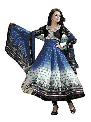 Designer Printed Chudidar Suit with Embroidered Flowers and Flaired Kameez
