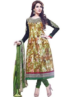 Floral Printed Flared Kameez andChudidar Suit with Metallic Thread Embroidery on Neck