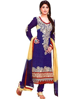 Twilight-Blue Chudidar Kameez Suit with Floral Booties and Giant Paisley Patch