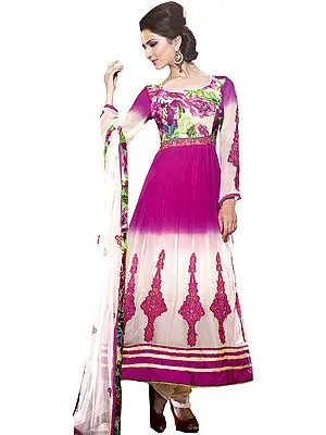 Cloud-Cream and Pink Anarkali Suit with Embroidered Patches and Floral Print