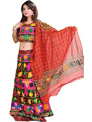 Black Lehenga Choli from Rajasthan with Crewel Embroidered Flowers and Mirrors