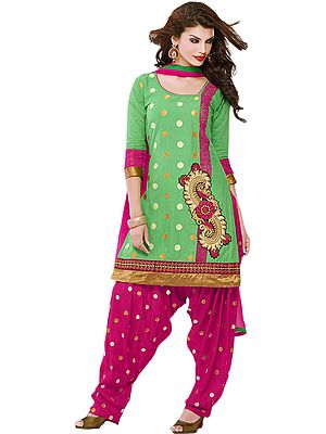 Garden-Green and Fuchsia Patiala Salwar Kameez Suit with Polka Dots and Paisley Patch