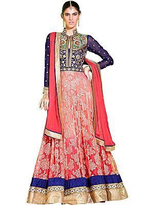 Rose-Red and Blue Bridal Flared Anarkali Suit with Parsi Embroidery and Sequins