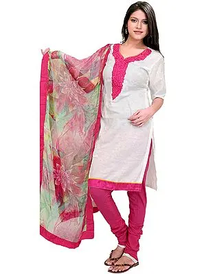 Winter-White and Pink Chudidar Kameez Suit with Thread Embroidered Patch on Neck and Printed Dupatta