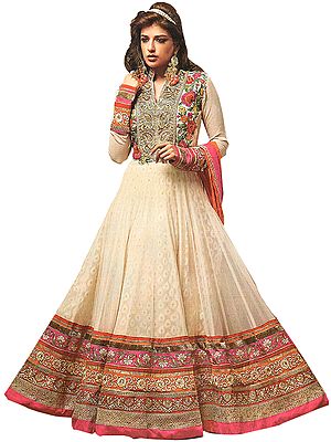 Summer-Melon Bridal Anarkali Ghera Suit with Embroidered Flowers on Neck and Three-Layered Border
