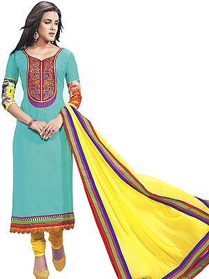 Blue-Turquoise Long Chudidar Suit with Aari Embroidered Patch and Digital Print at Back