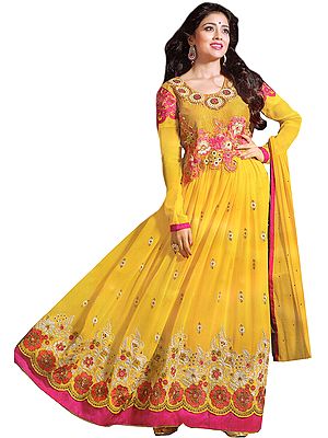 Vibrant-Yellow Wedding Anarkali Ghera Suit with Thread Embroidered Flowers on Border and Neck