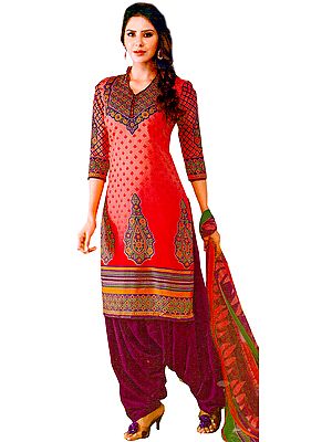 Shell-Pink and Purple Patiala Salwar Kameez Suit with Printed Bootis