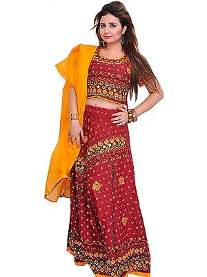 Bandhani Lehenga Choli from Jaipur with Thread Embroidered Flowers and Mirrors