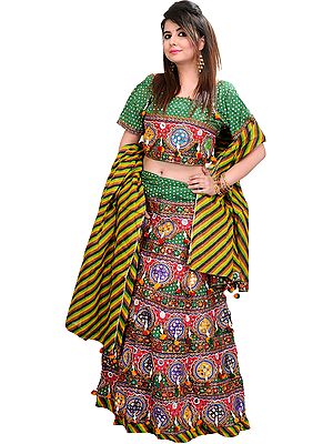 Multi-Colored Printed Lehenga Choli from Kutch with Sequins and Hanging Faux Conches