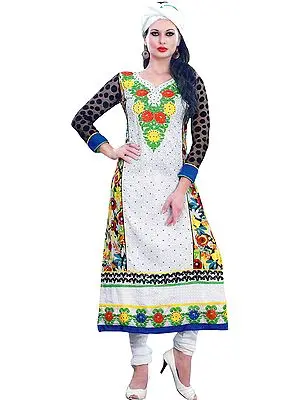 Bright-White Long Chudidar Suit with Embroidered Patch and Printed Flowers at Back