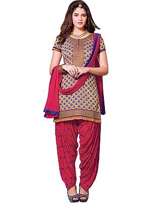 Apricot -Illusion and Pink Patiala Salwar Kameez Suit with Embroidered Patch on Neck and Border