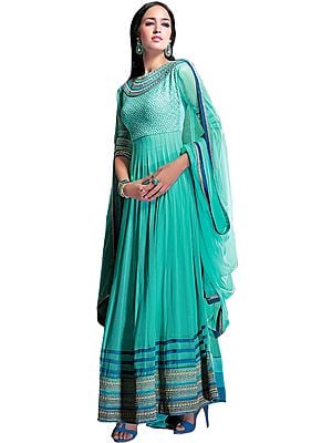 Aqua-Haze Wedding Anarkali Suit with Embroidered Flowers and Patch Border