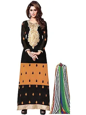 Black and Mustard Designer Long Chudidar Kameez Suit with Bootis and Embroidered Patch on Neck