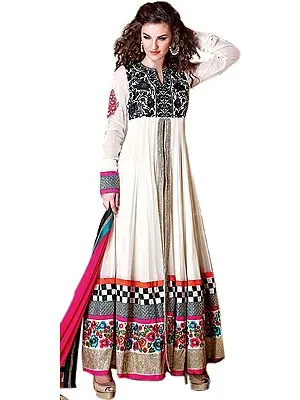 Egret-White Anarkali Suit with Aari Embroidery and Sequins