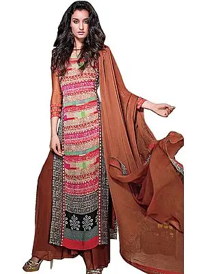 Dark-Brown Long Digital Printed Suit with Wide Salwar