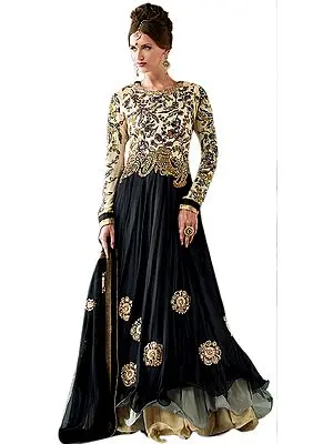 Cream and Black Anarkali Layered Kameez Suit with Floral Embroidery and Crystals