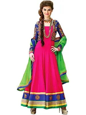 Bright-Pink and Blue Wedding Anarkali Suit with Embroidered Bolero Jacket and Wide Patch Border
