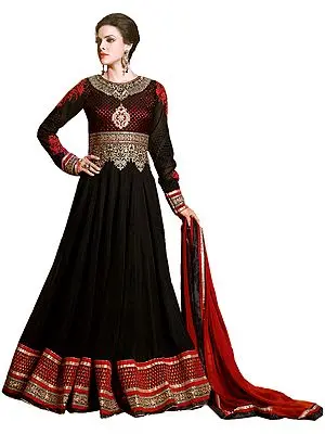 Jet-Black Wedding Long Anarkali Suit with Golden Embroidery and Zardosi Patch