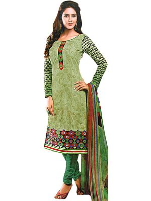 Reed-Green Choodidaar Kameez Suit with Printed Leaves