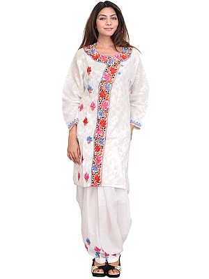 Bright-White Two-Piece Salwar Kameez Suit with Self Weave and Aari Embroidery